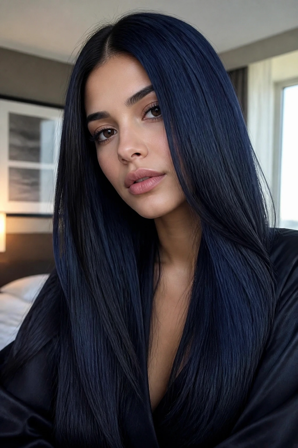 Portrait of a real woman with blue-black straight hair and center part in soft natural light
