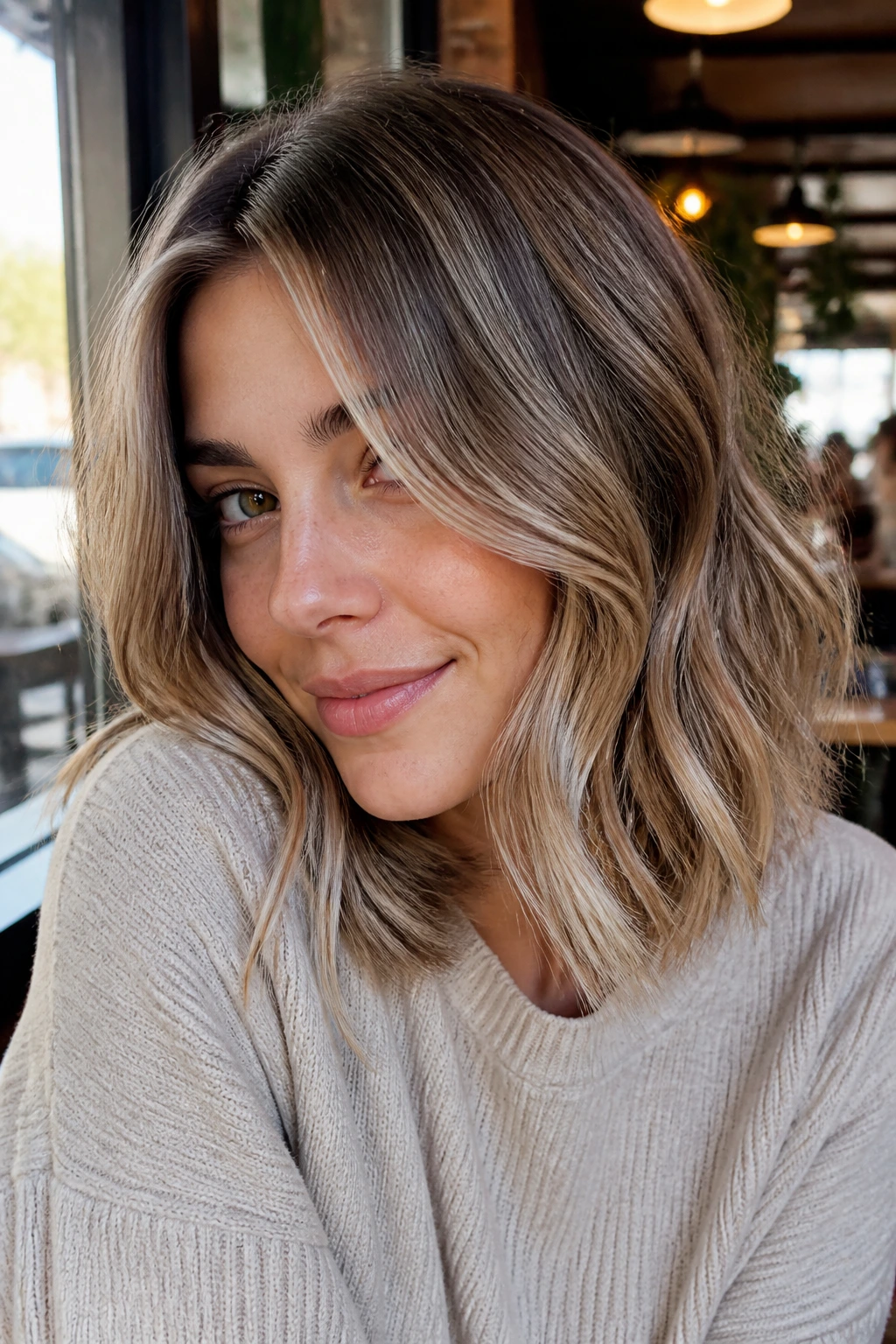 Portrait of a person with multi-tone hair shades in soft waves lit by natural daylight.