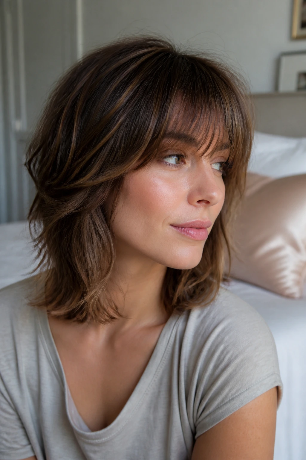Portrait of a woman showing crown and fringe shape with cozy background