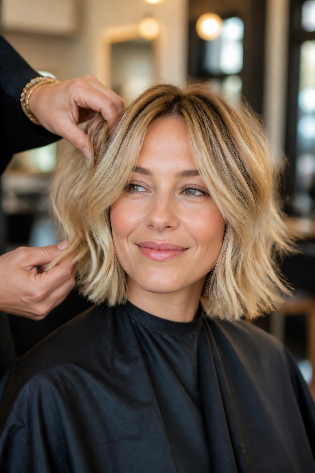 Real woman in a salon chair with hair shaped to frame the face