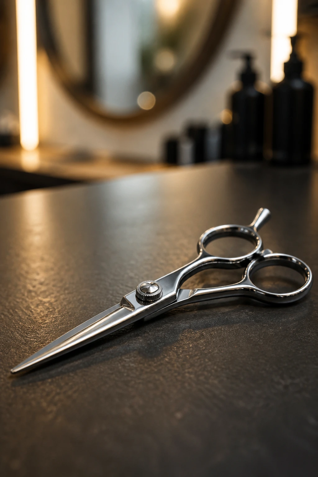 Macro shot of sharp hair shears with soft salon background