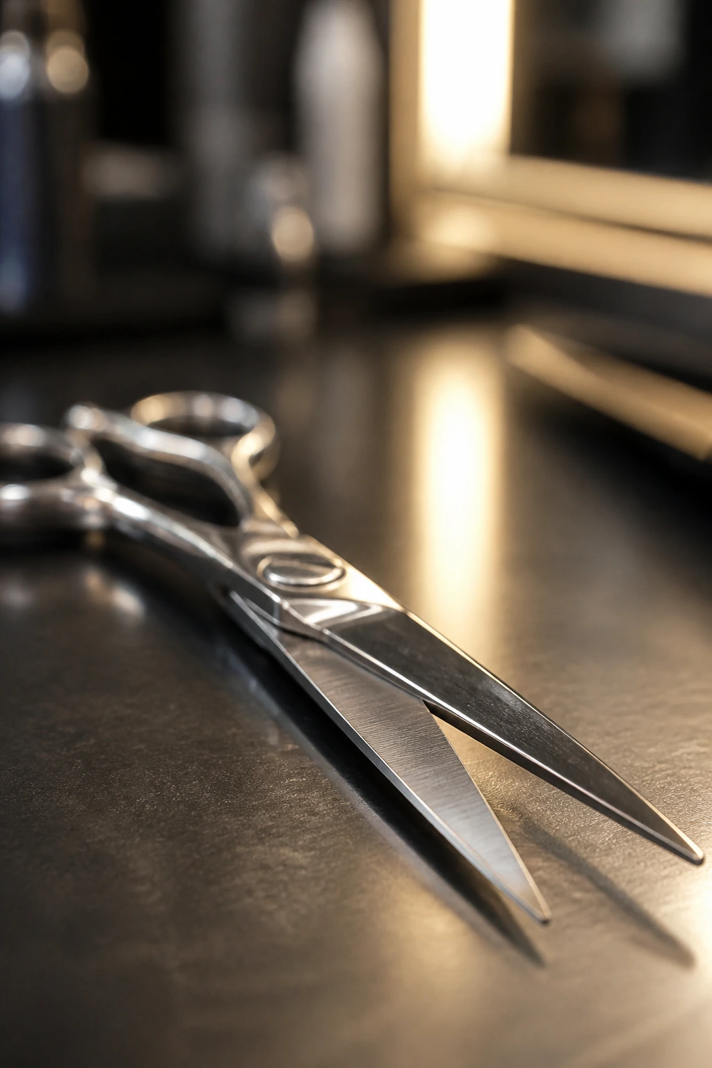 Close-up of sharp hair shears with glossy finish on a salon station