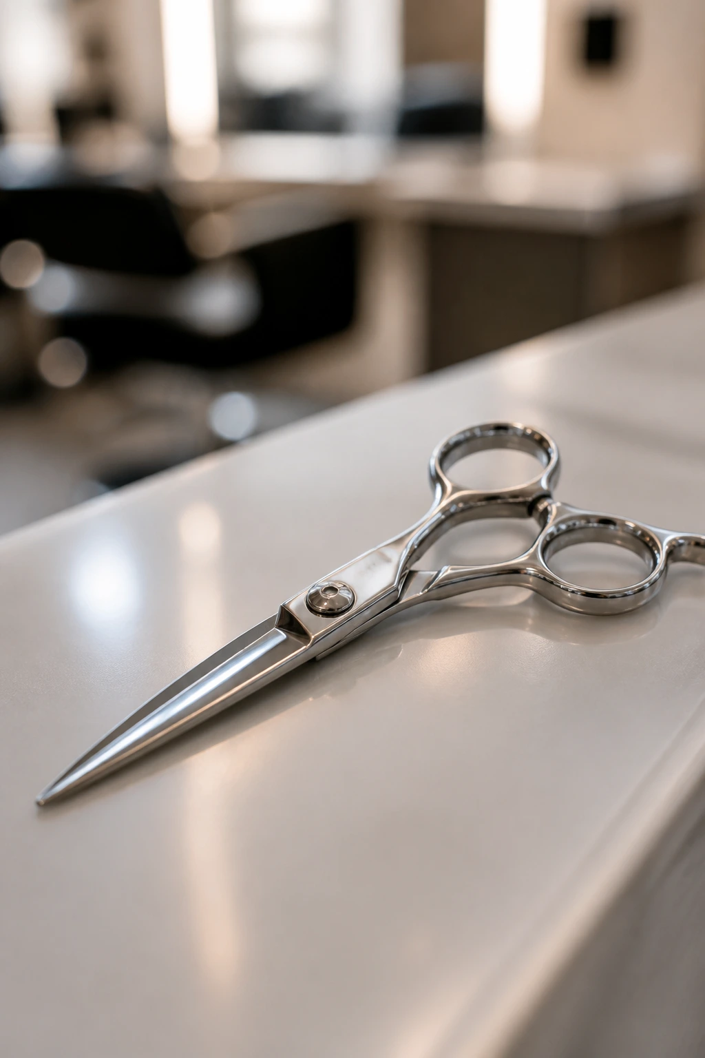 Close-up of professional hair-cutting shears on a counter.