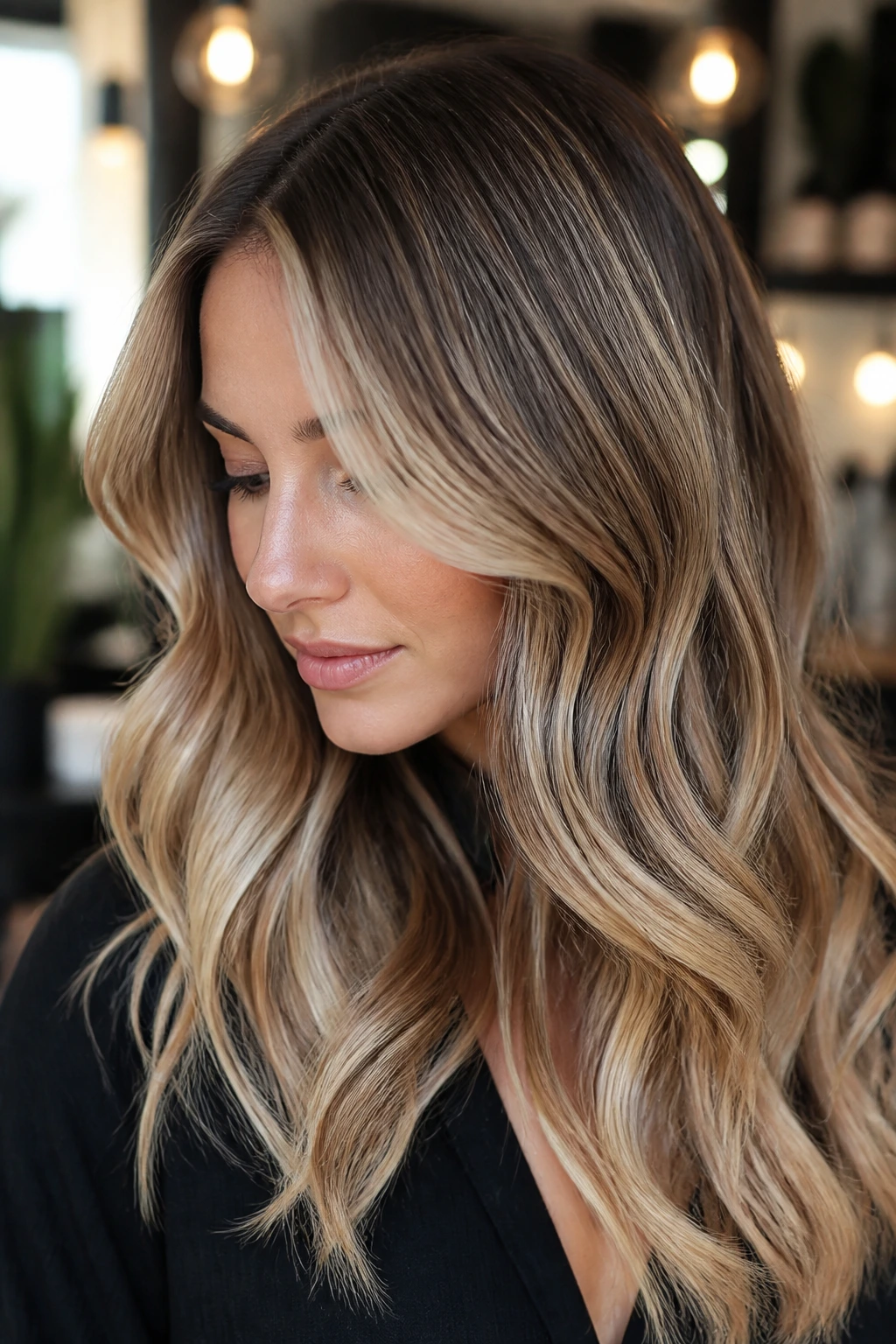Portrait of a person with luminous dimensional hair in a sunlit salon