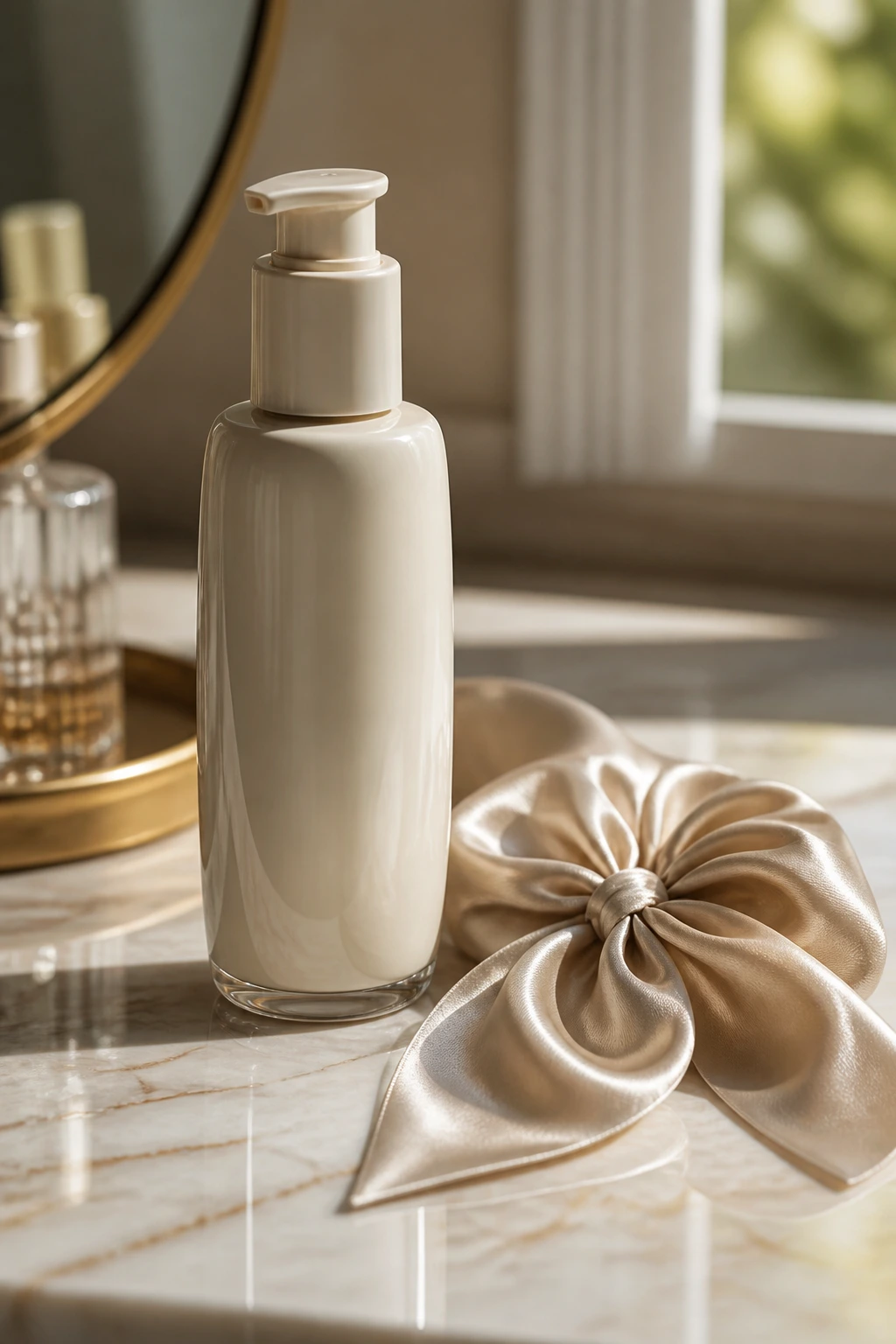 Close-up of smoothing cream bottle and satin ribbon on vanity