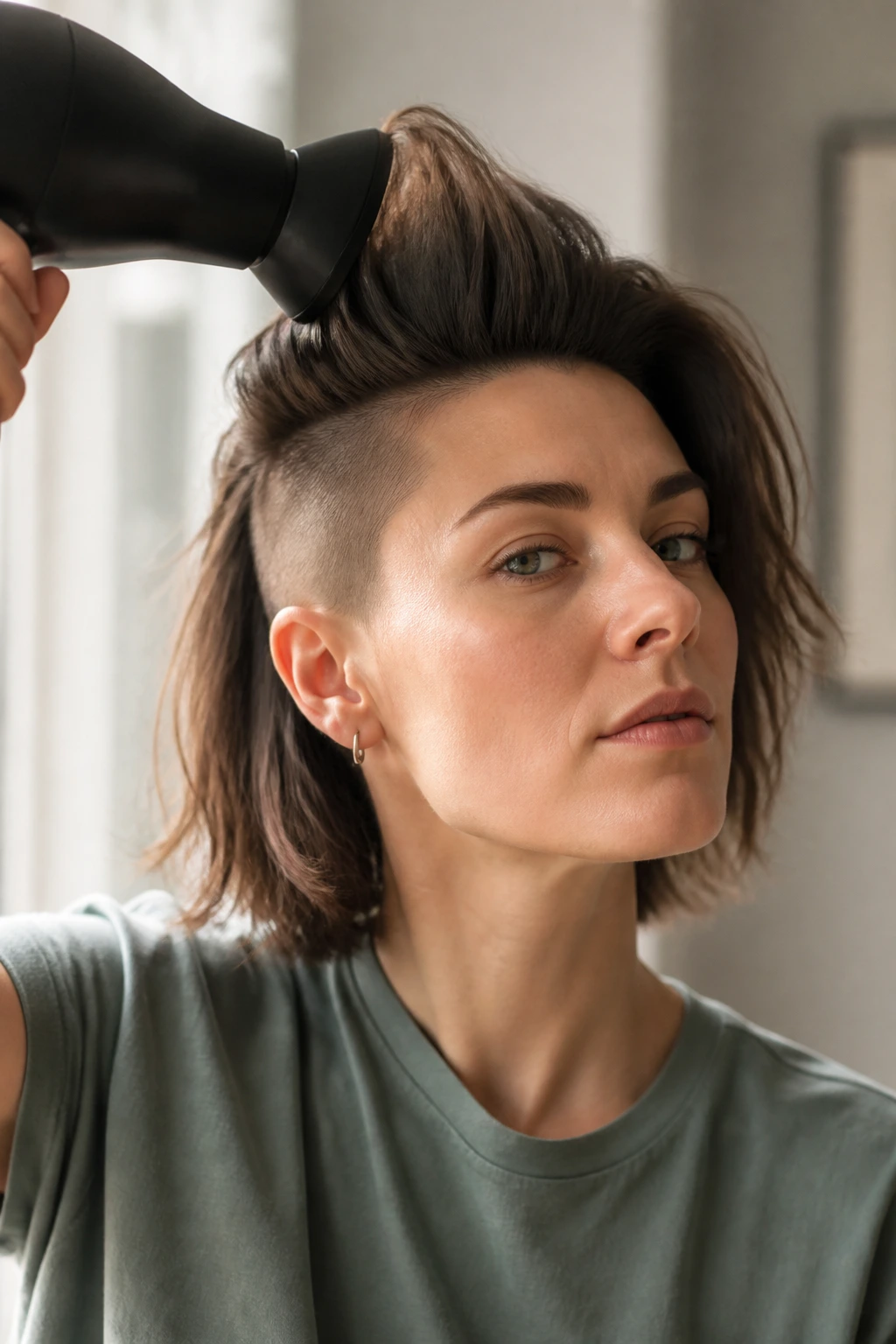 Portrait of a person styling hair with a blow-dryer to create lift and intentional shape.