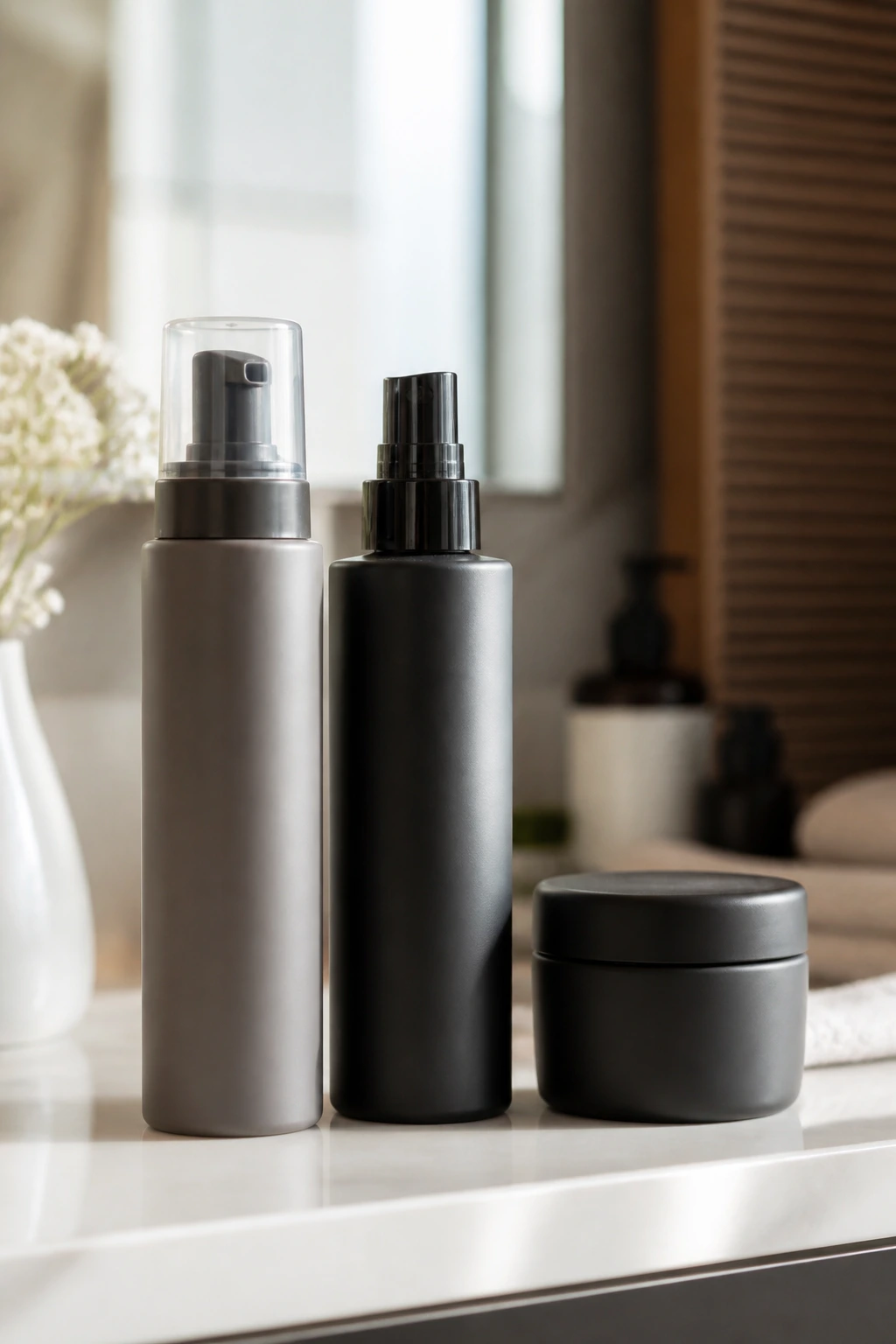 Unlabeled matte styling product bottles on a bathroom shelf.