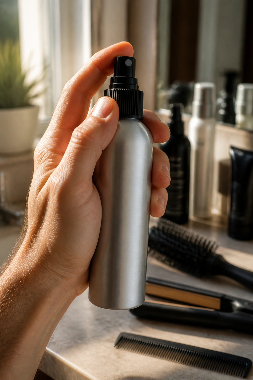 Close-up of styling spray bottle in hand on bathroom vanity with blurred hair tools