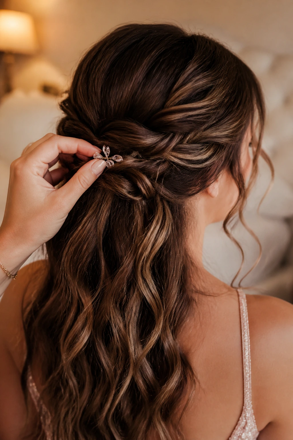 Real woman with half-up hairstyle adding a decorative pin