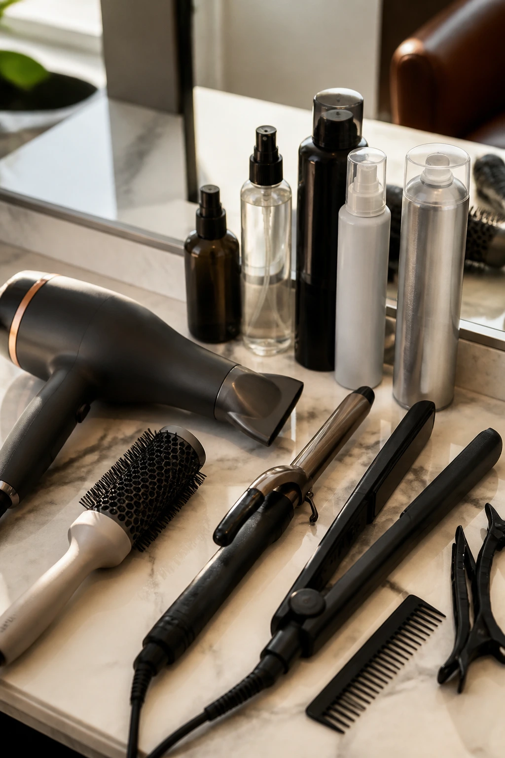 Close-up of a set of hair styling tools on a vanity