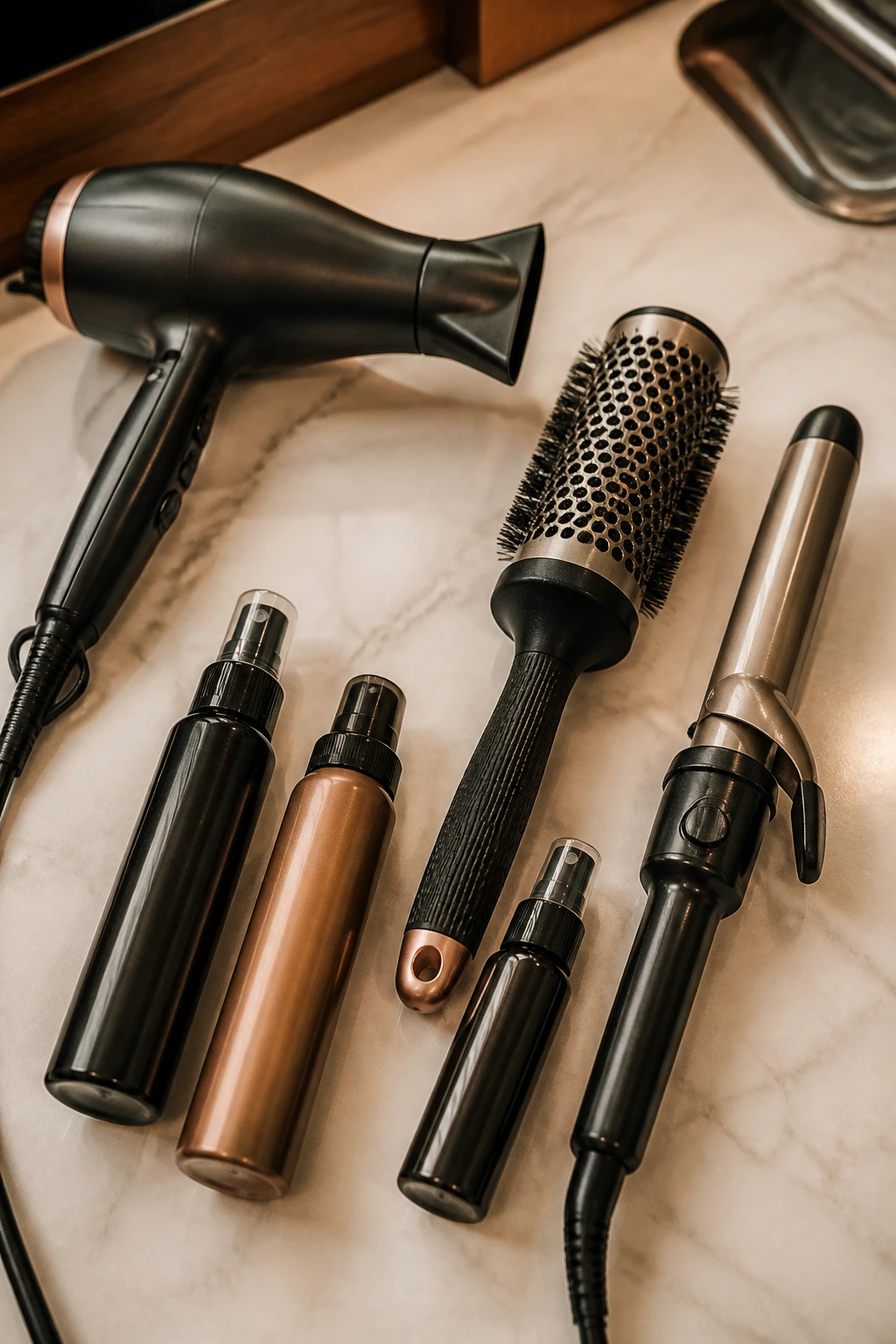 Top-down still life of essential hair styling tools on a counter