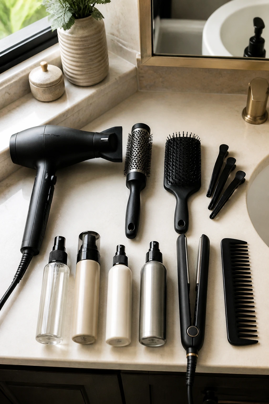 Overhead view of essential hair styling tools on a bathroom counter.