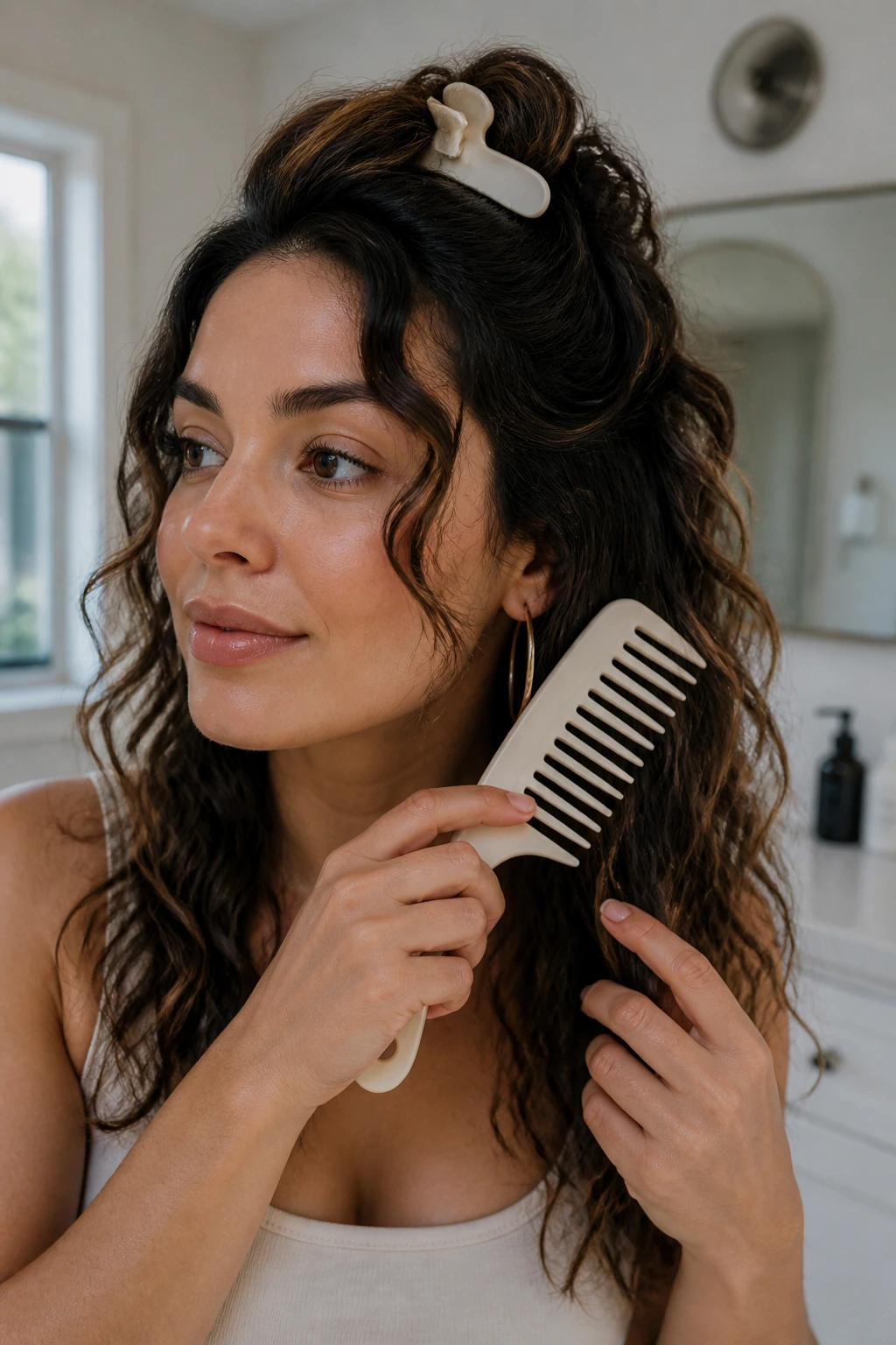 Close-up of a real woman using hair tools during styling with hair filling the frame.
