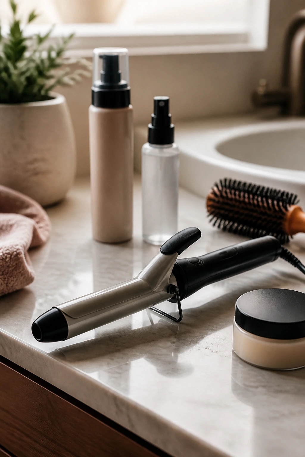 Close-up still life of unbranded hair styling tools on a bathroom counter
