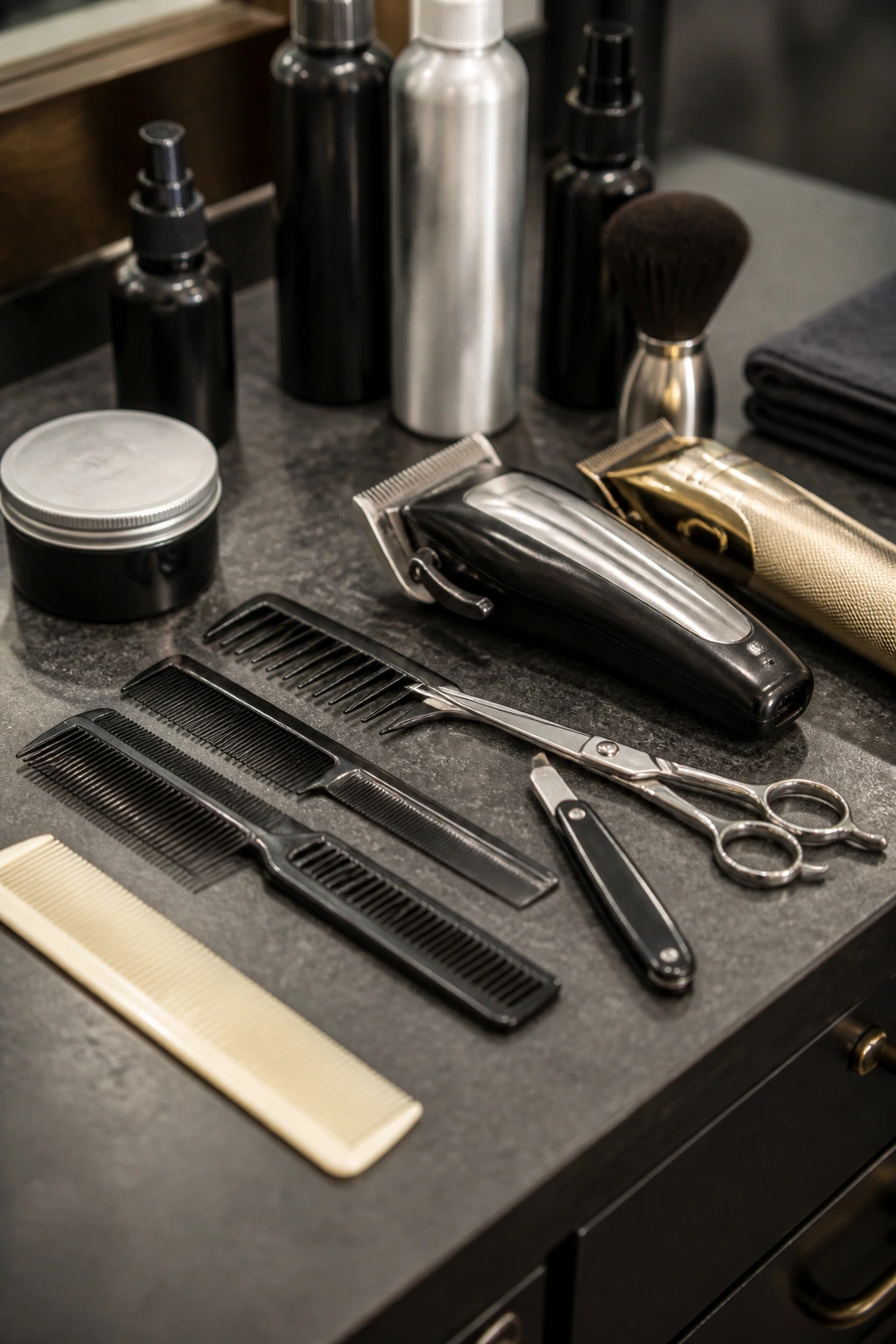Close-up of essential hair styling tools on a clean surface.
