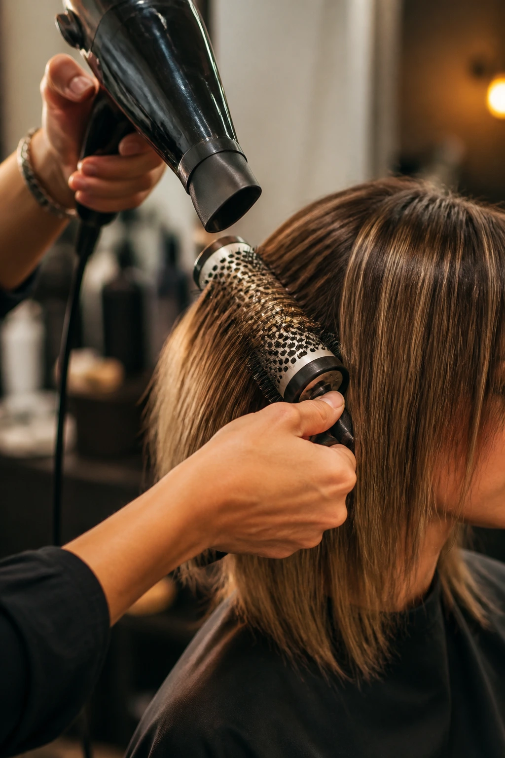 Close-up of hands styling straight choppy hair with a round brush in a salon.