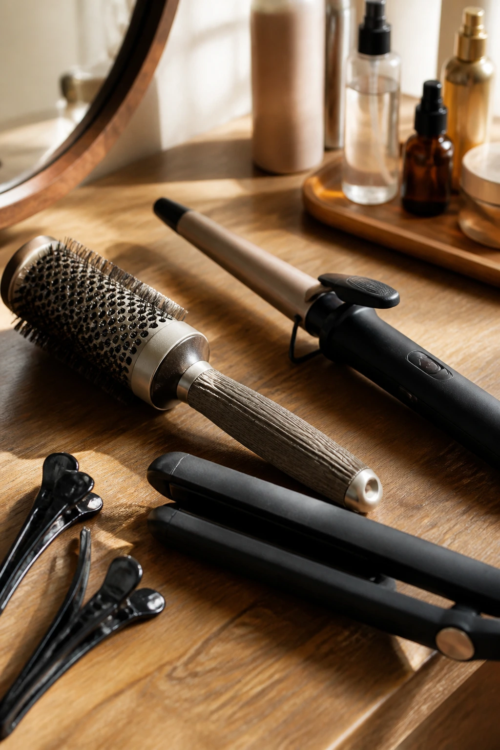 Close-up of hair styling tools on a wooden vanity