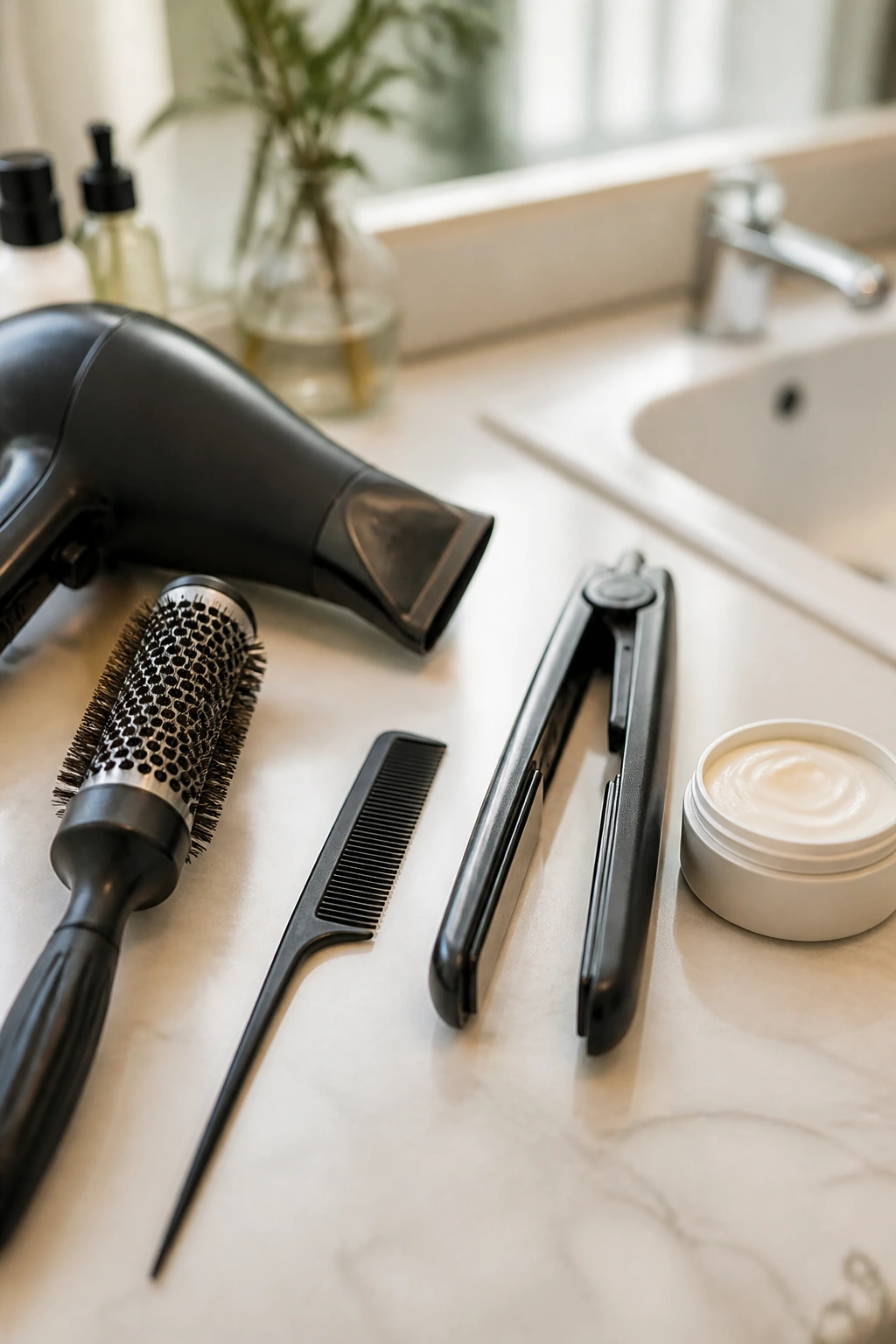 Close-up of essential hair styling tools for pixie cuts