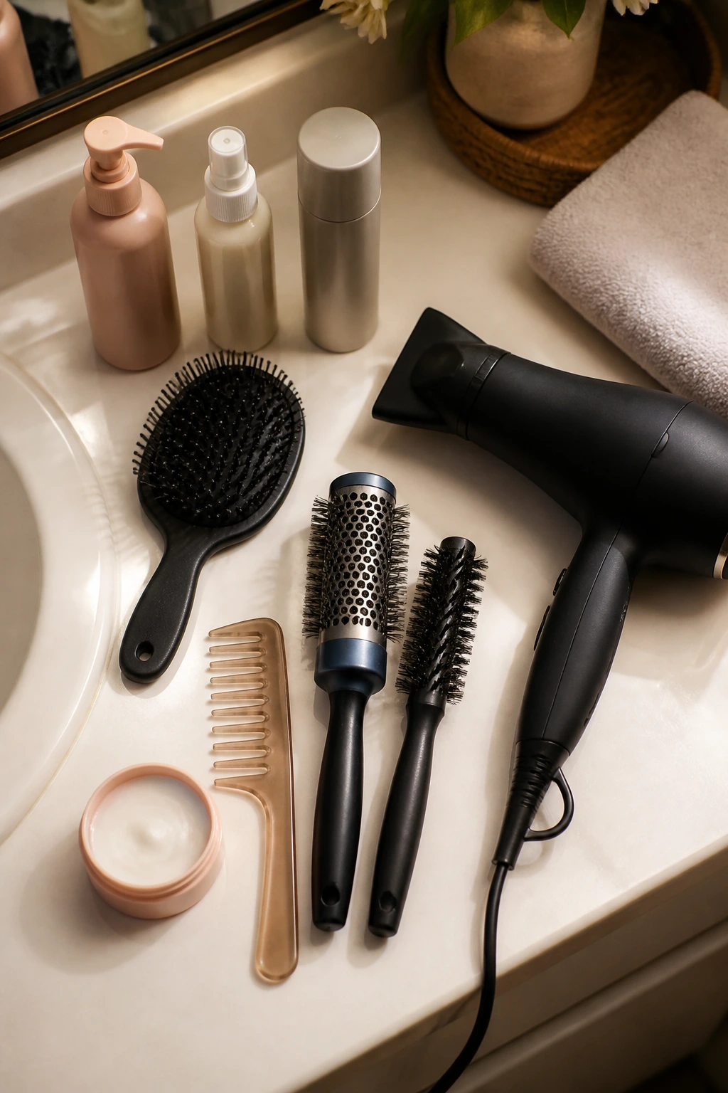 Top-down view of hair styling tools on a bathroom counter