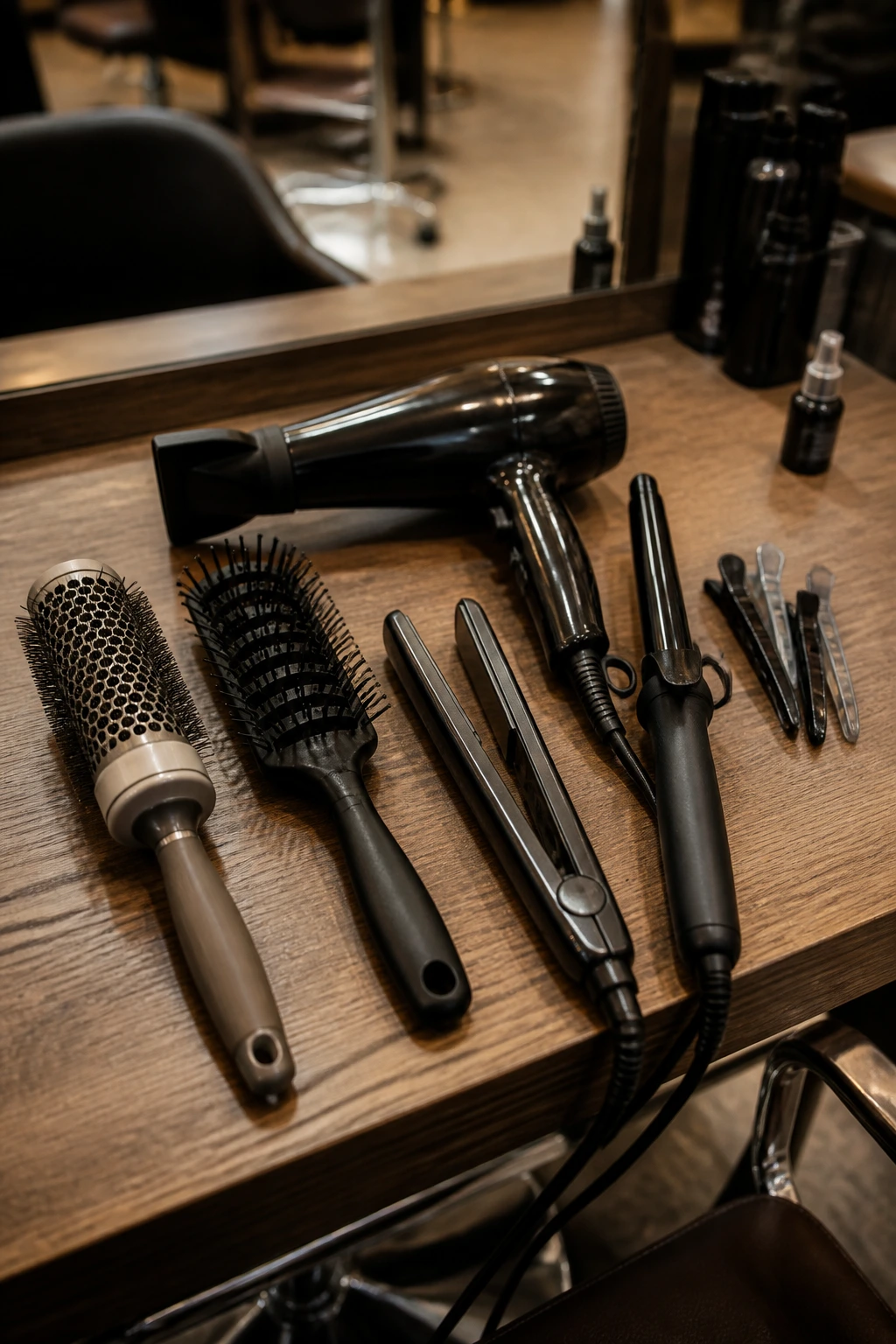 Close-up of hair styling tools on a salon station.