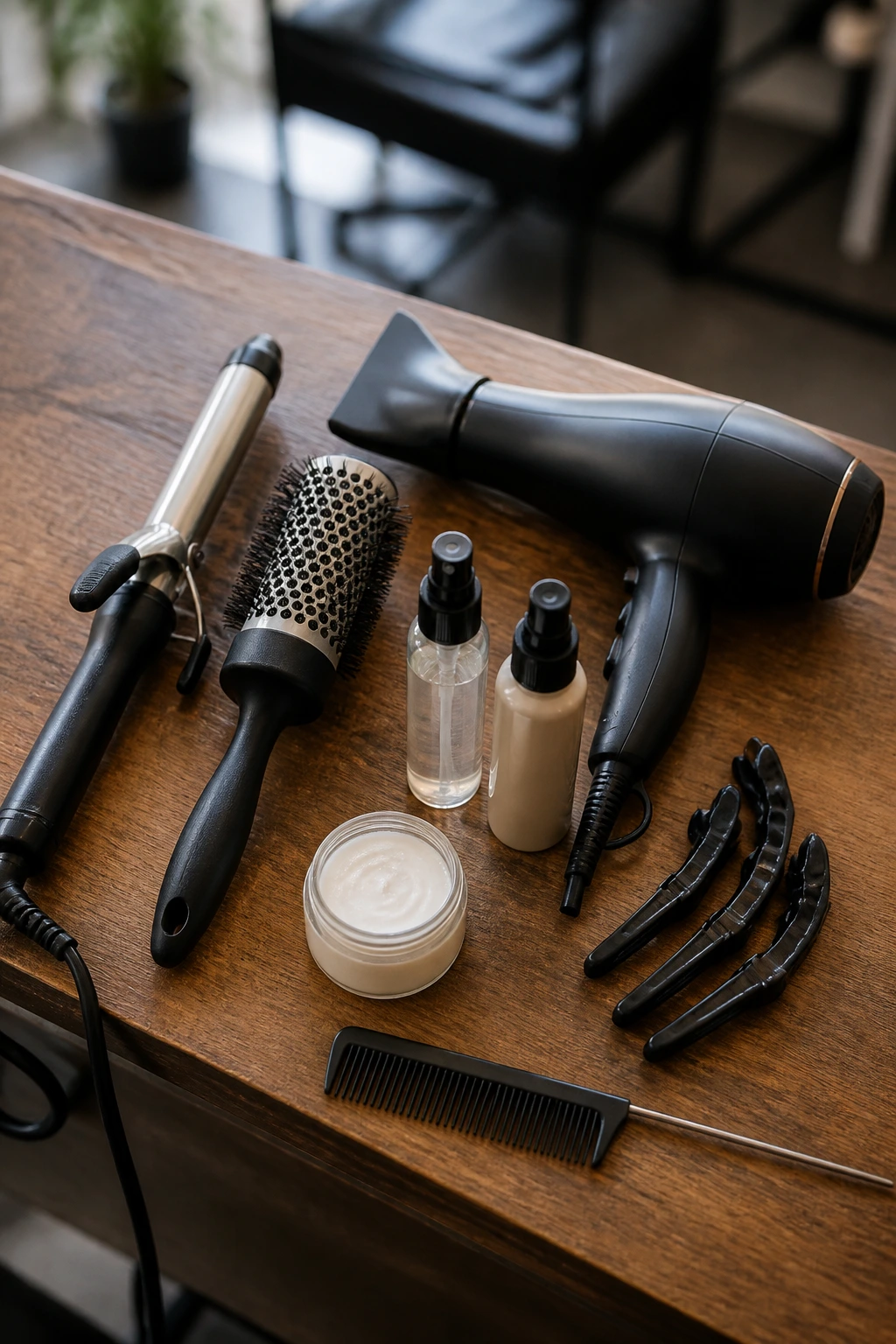 Close-up of styling tools used for asymmetrical bob: curling iron, brush, dryer, sprays, and clips.
