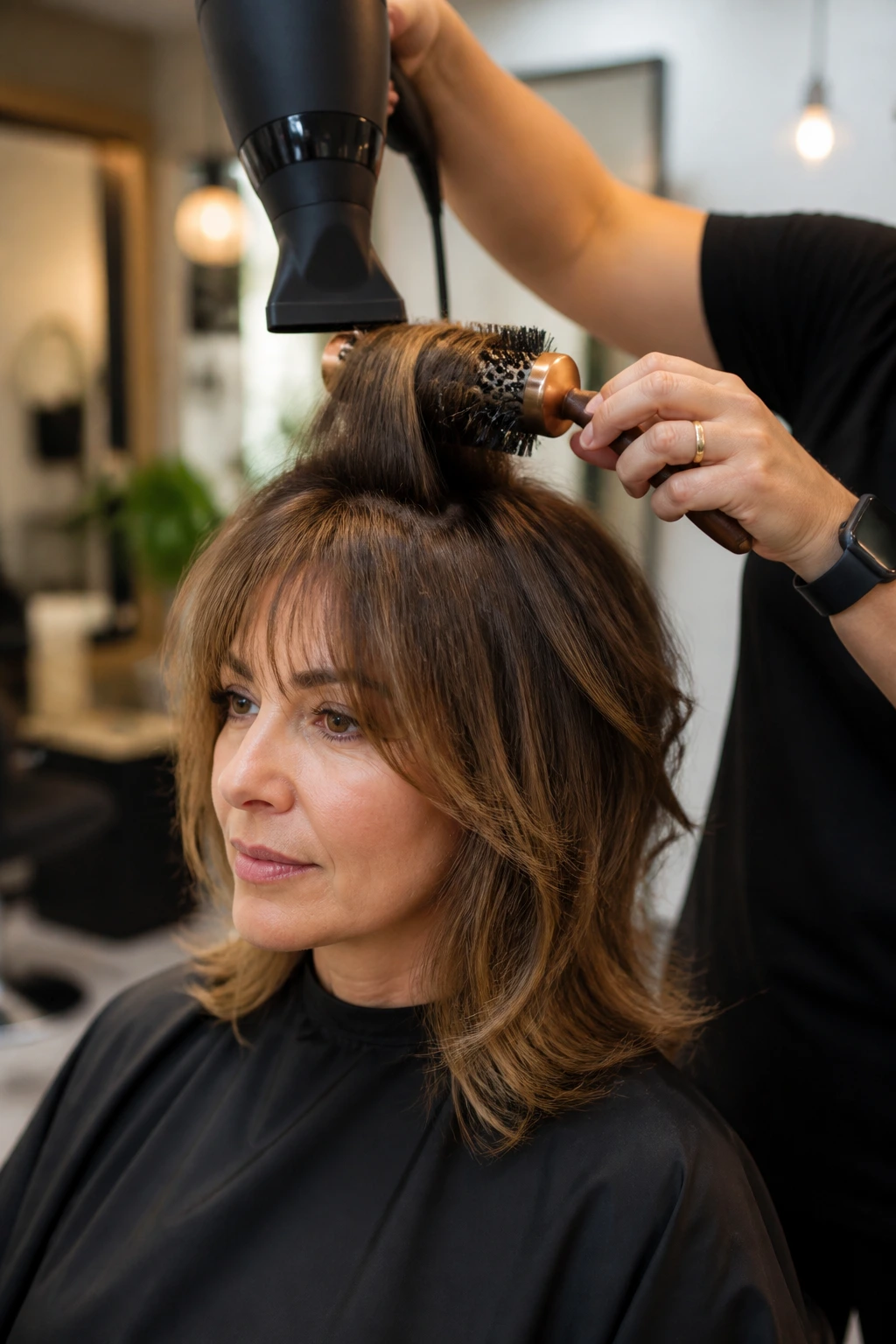 Salon scene showing styling tools used for shag hair, focusing on lift and texture.