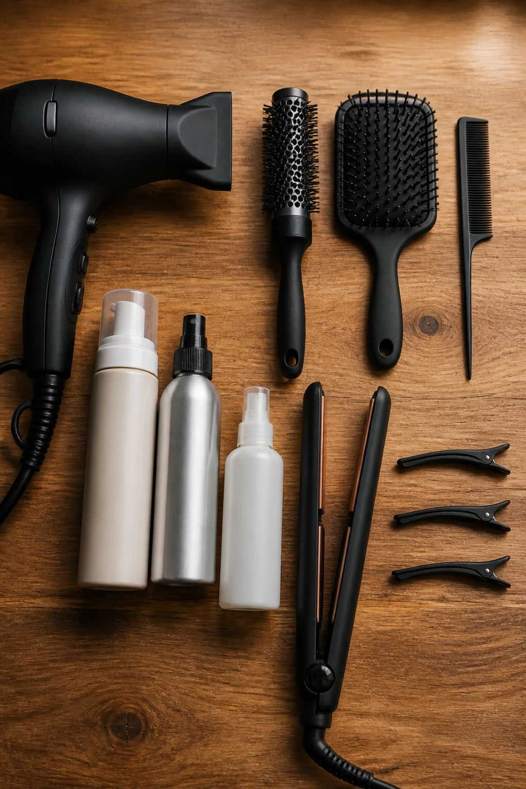 Flat lay of essential styling tools for short shaggy straight haircuts