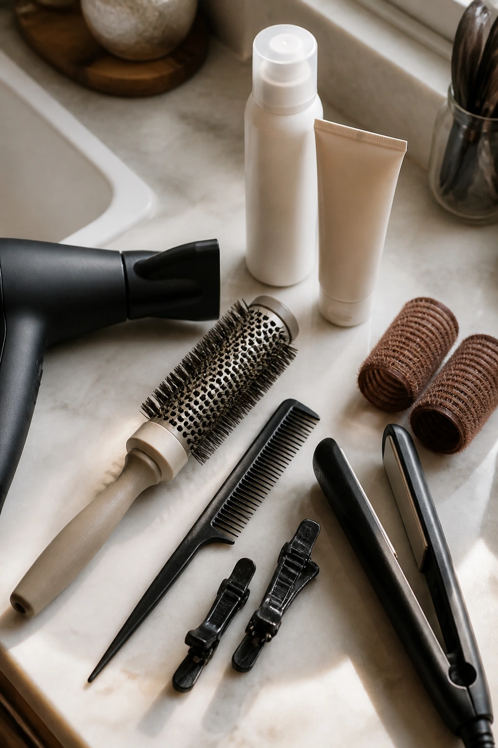Top-down flat lay of hair styling tools on a bathroom counter