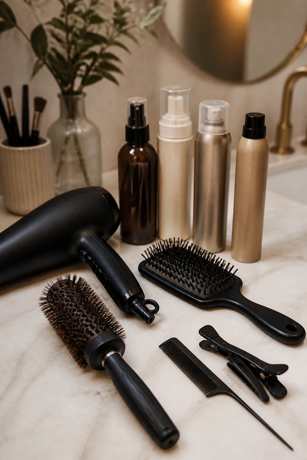 Close-up of styling tools arranged on a clean counter with no visible branding.