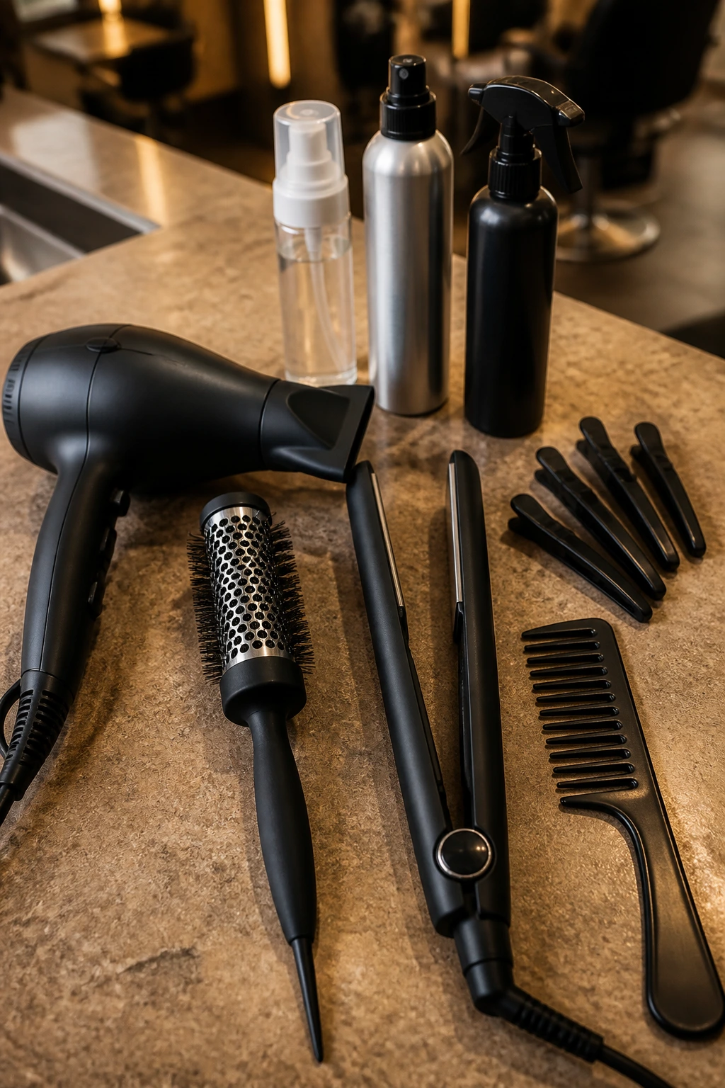 Neatly arranged essential styling tools for mullet cuts on a salon counter