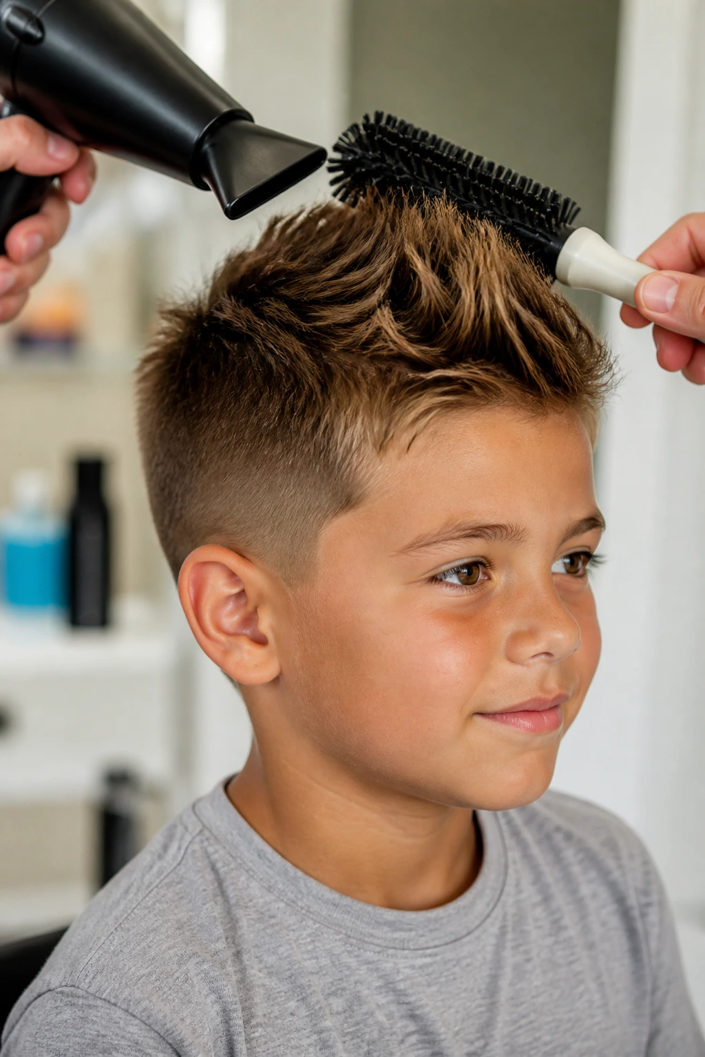 Real boy during styling moment with subtle background tools.