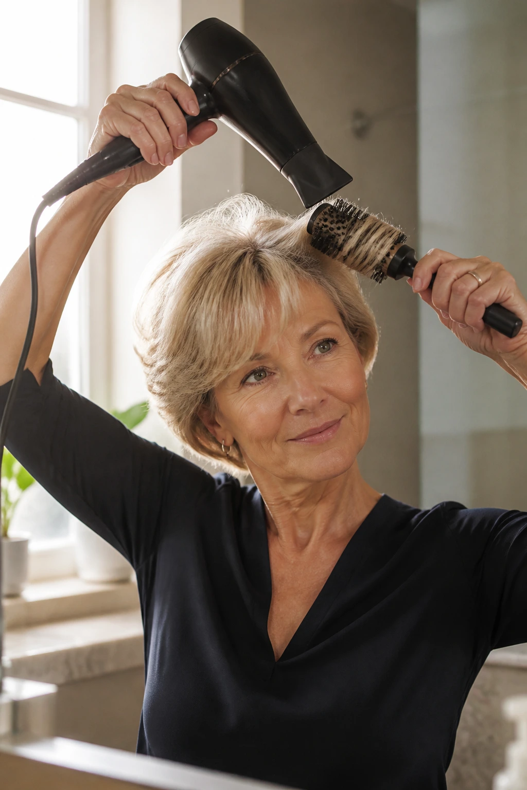 Portrait of a person styling hair with a blow dryer and brush