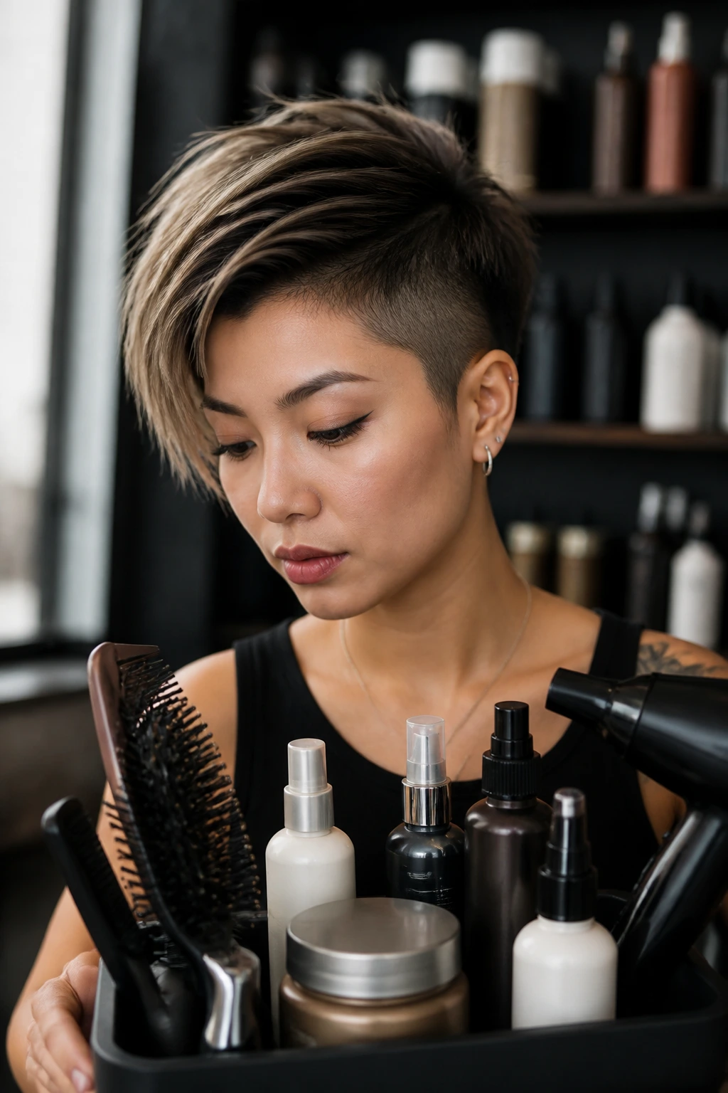Portrait of a person with styled short hair and blurred styling product shelf in background