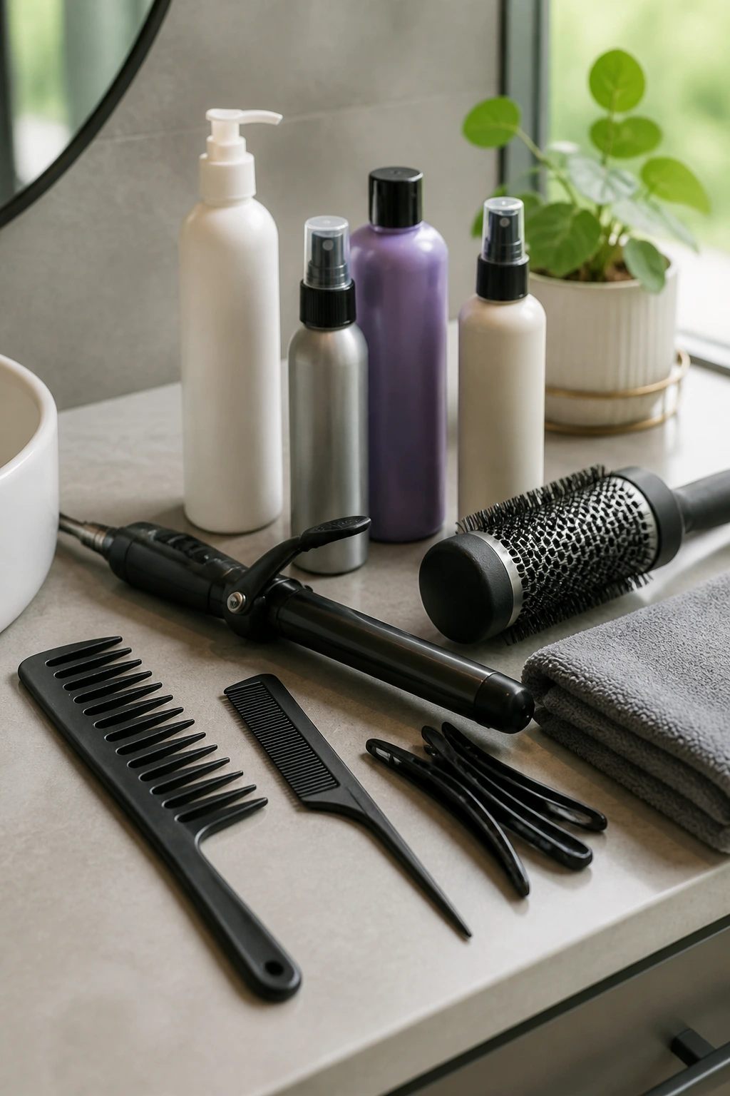 Close-up of styling tools arranged on a counter
