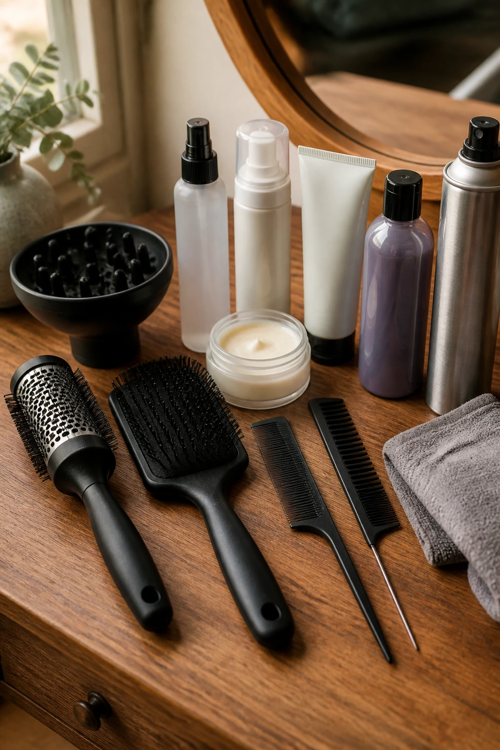 Flat lay of hair styling tools and products for short gray hair