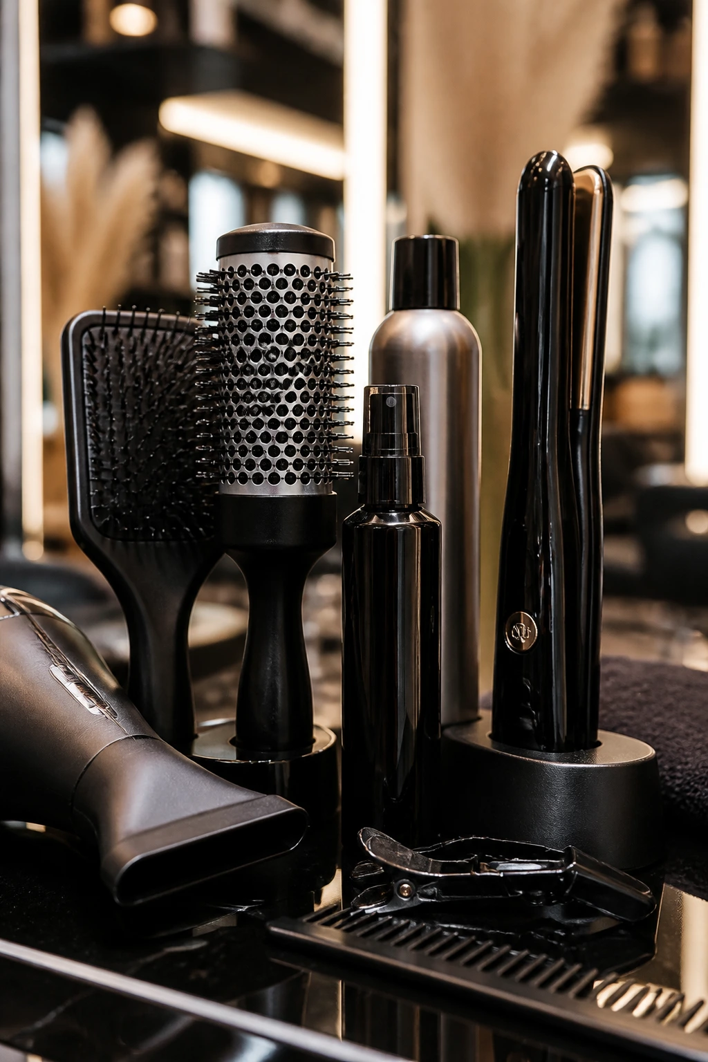 Close-up of professional hair styling tools for stacked bob on salon counter