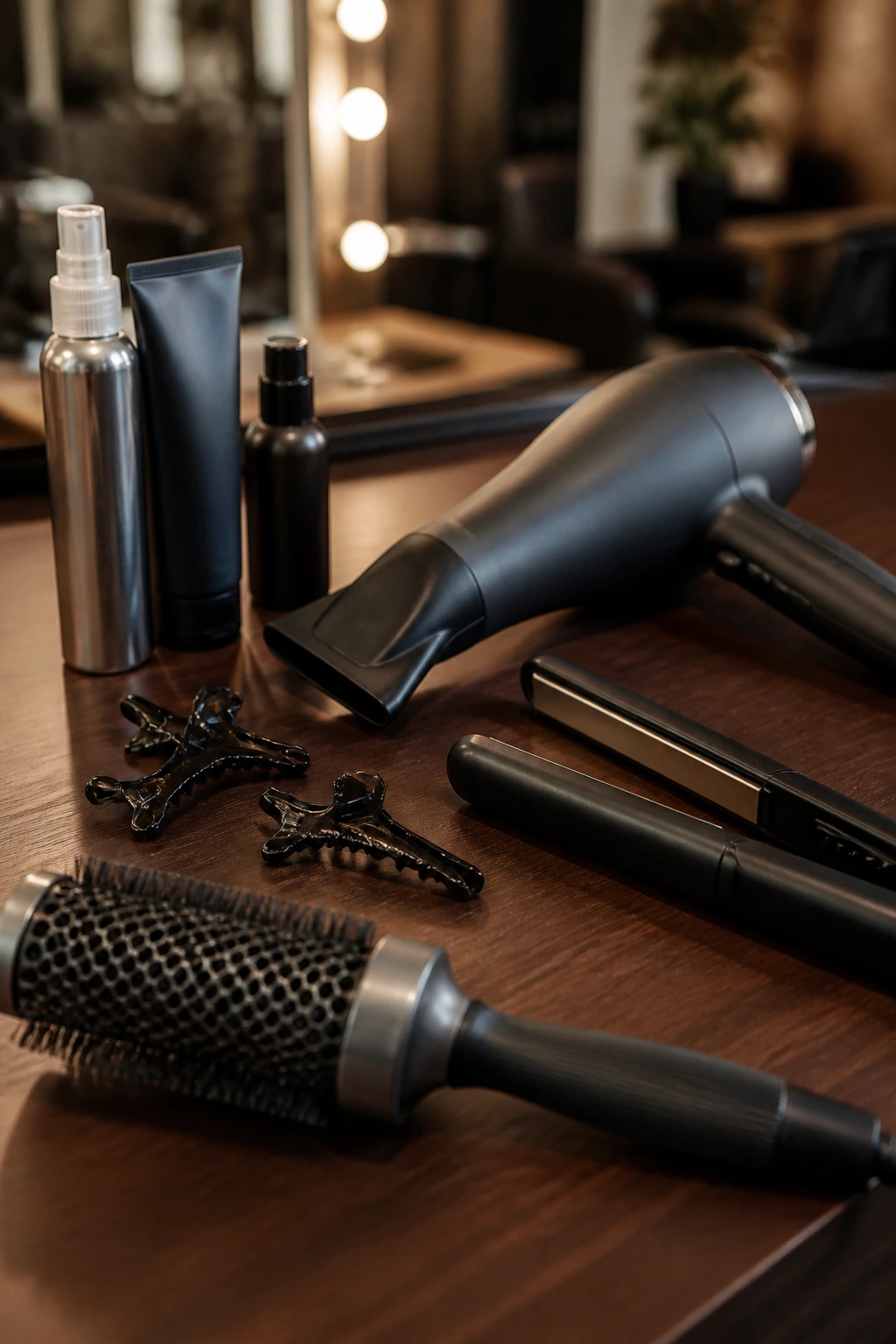 Still life of professional hair styling tools on a surface in a salon