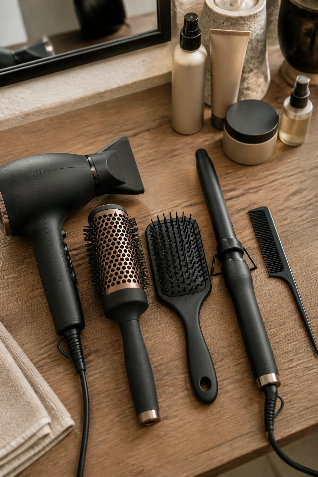 Top-down still life of hair-styling tools arranged on a wooden counter, ready for use.