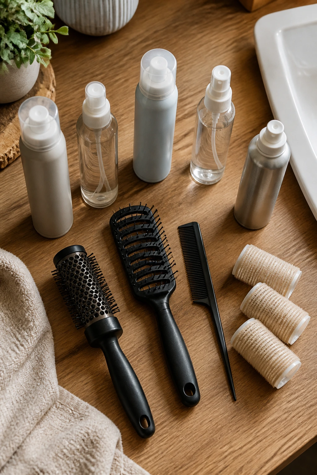 Still-life of unbranded hair styling tools on a wooden surface.