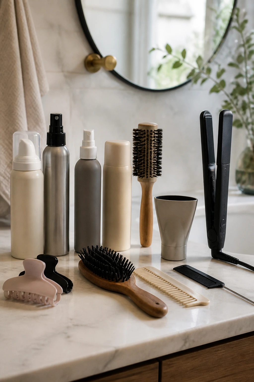 Unlabeled styling tools arranged on a bathroom counter for hair shaping