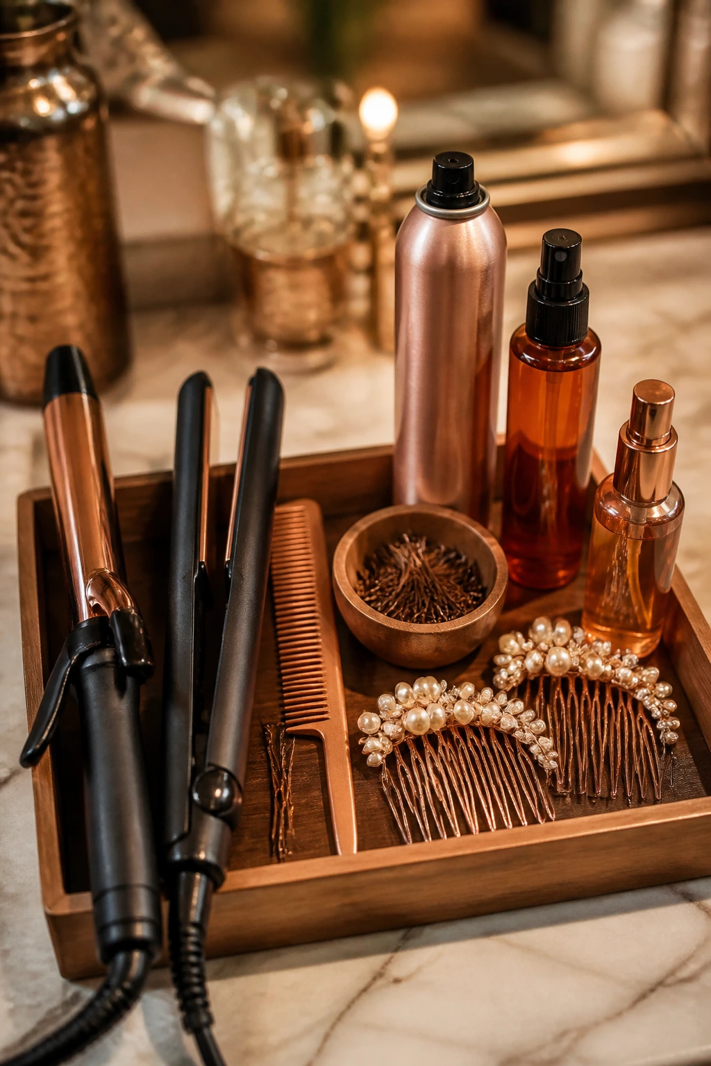 Close-up of essential red-hair styling tools arranged on a vanity