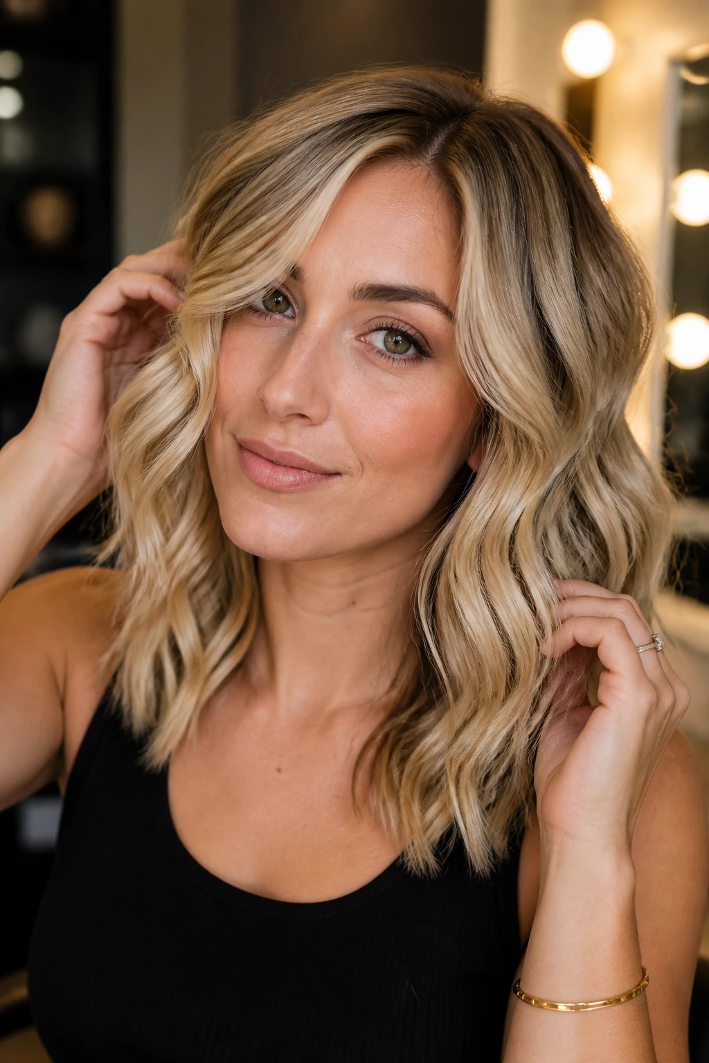 Close-up of a real woman with medium-length wavy blonde hair showing defined waves.