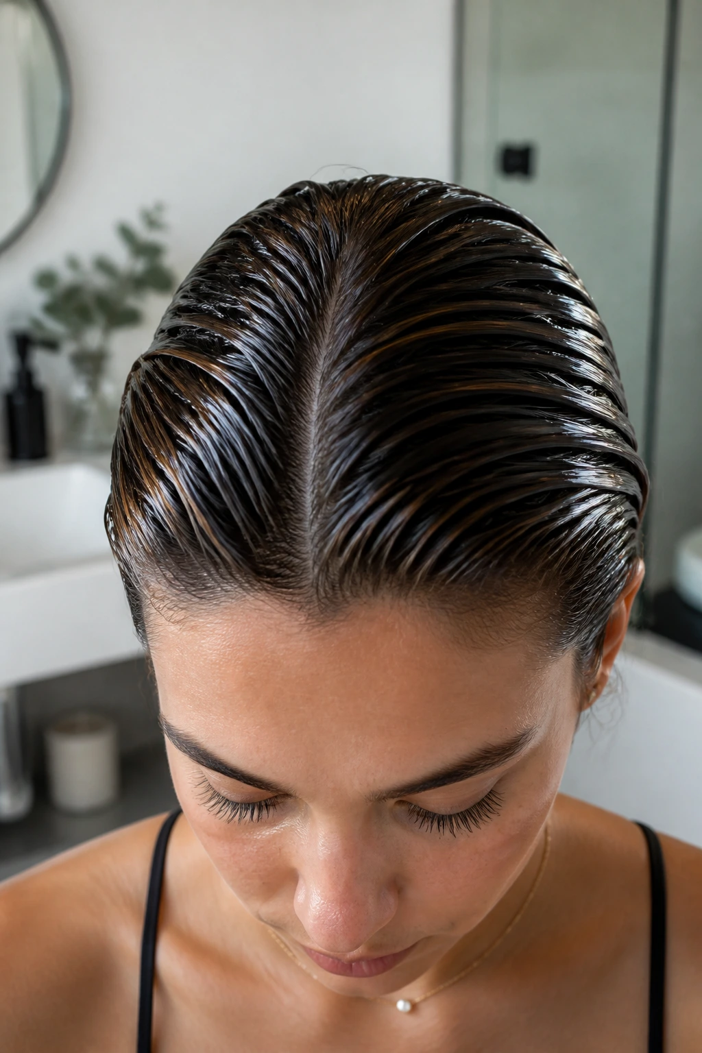 Close-up of glossy hair surface with damp base reflecting light