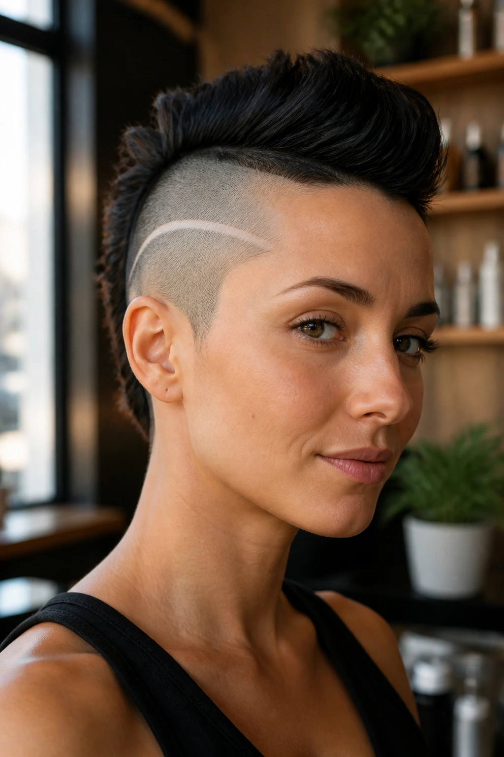 Close-up portrait of a real woman with a shaved-side Hair-Tattoo Mohawk featuring a single line tattoo