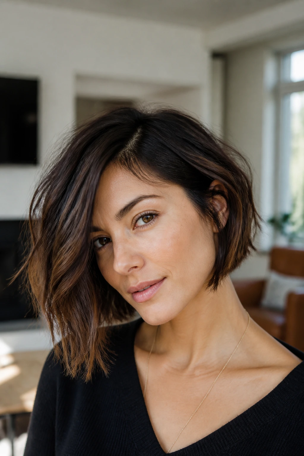 Portrait of a woman with textured hair in an asymmetrical bob showing texture variation.