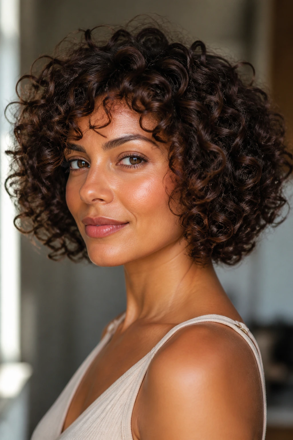 Curly hair texture shown in a rounded bob on a real woman in natural light