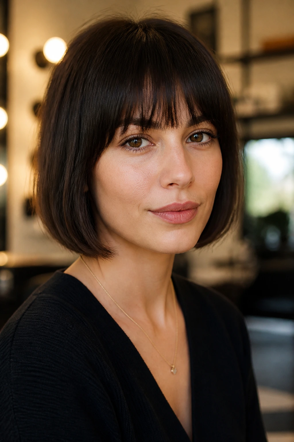 Portrait of a real woman with a blunt bob and fringe tailored to texture and face shape