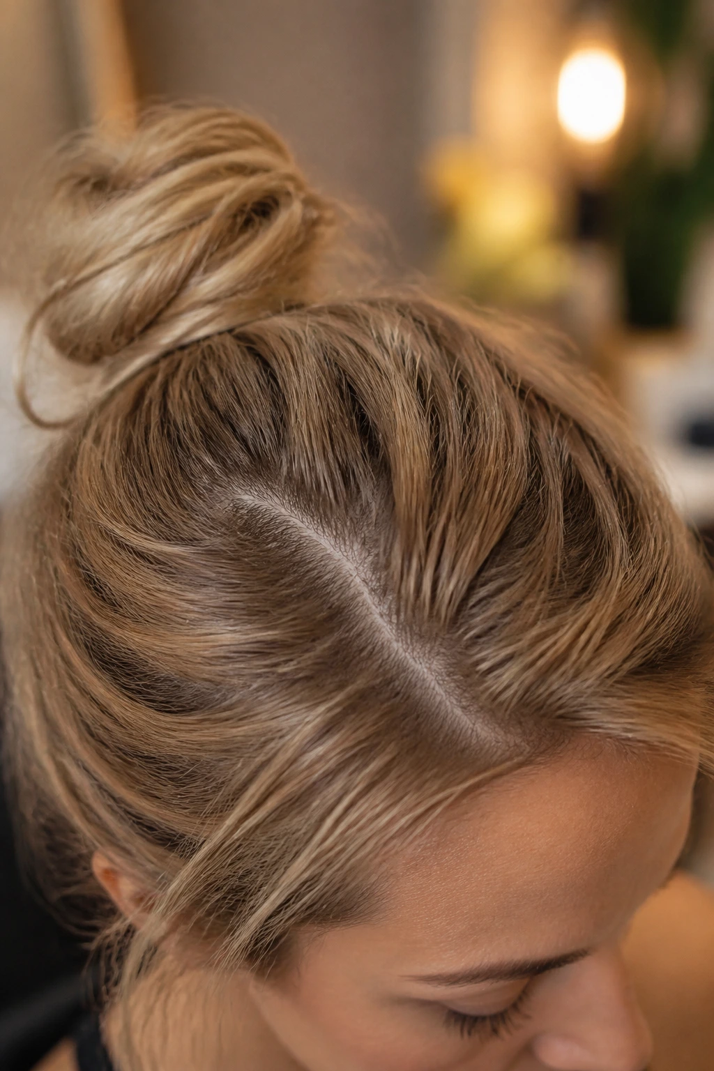 Close-up of crown area with textured hair showing grip and light bends