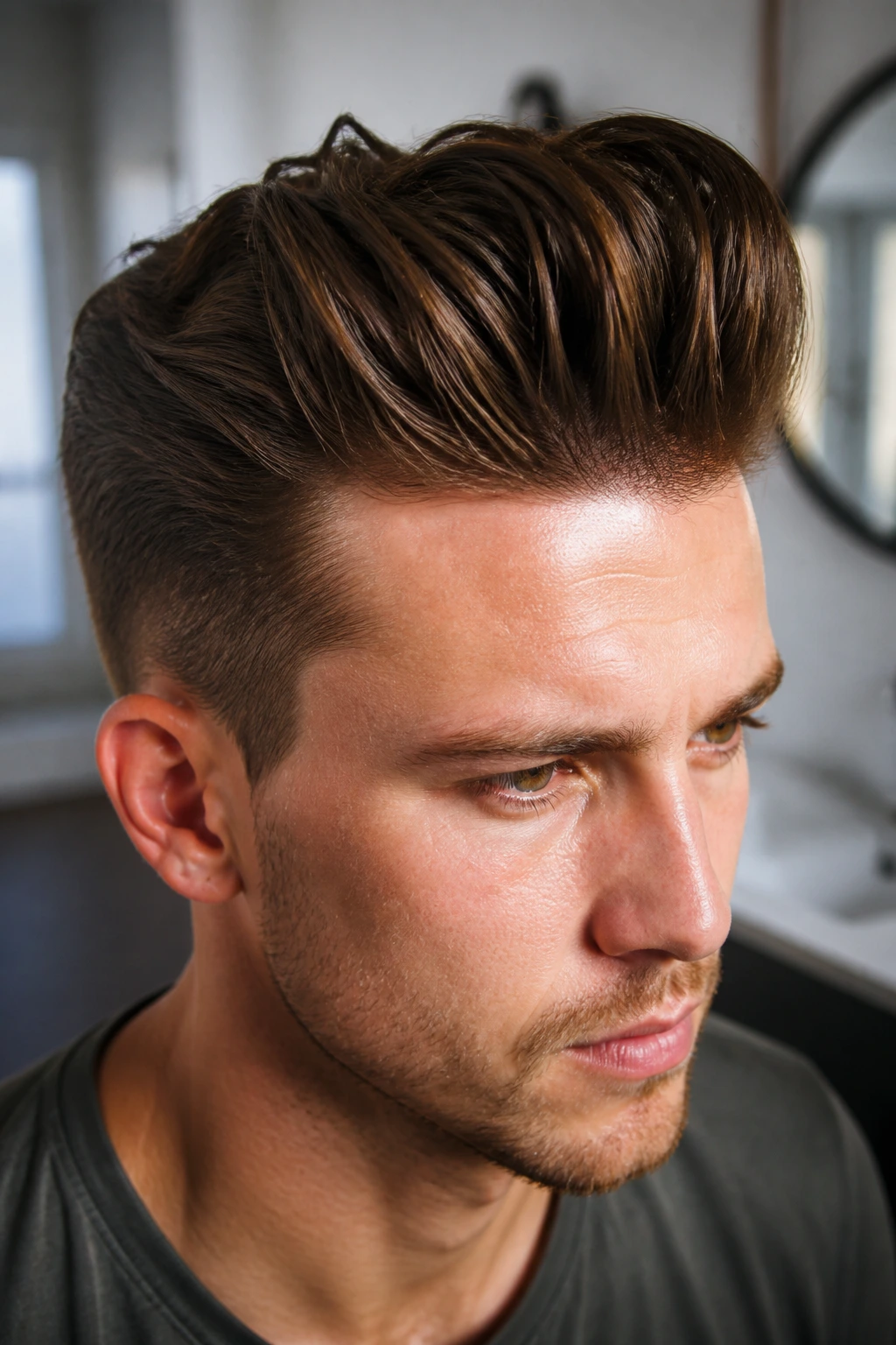 Close-up portrait showing textured pompadour and lifted roots