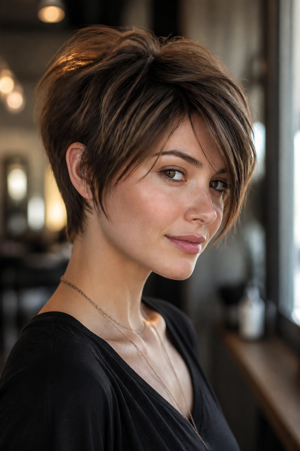 Close-up of a woman with textured pixie bob demonstrating hair texture and crown lift